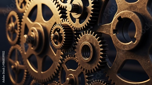 Close-up of interlocking industrial brass and iron gears and cogs working together, concept of teamwork and mechanical efficiency