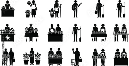 Collection of farmers market vendor icons silhouette, local organic food sellers with produce stalls, gardener and musician street performer vector illustration set,