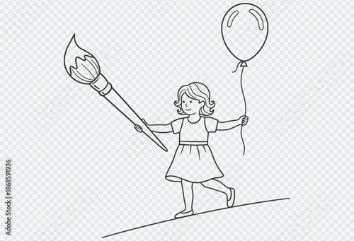 Happy little girl holding torch and balloon in hand with joyful expression