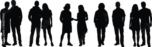 Collection of people silhouettes and diverse couples standing, men and women in casual clothing, group of friends socializing and relationship concept vector,
