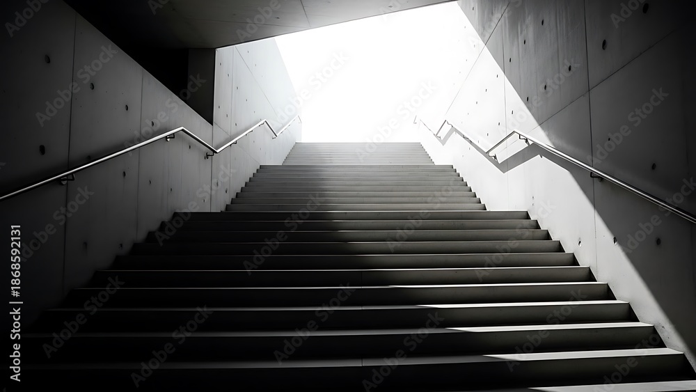 Fototapeta premium Modern Concrete Staircase Leading Towards Bright White Light for Concept of Success or Afterlife