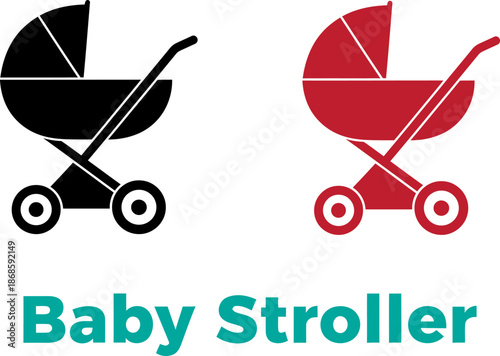 Modern baby stroller icons in black and red, perfect for parenting and childcare designs