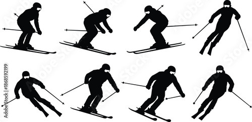 Collection of professional skier silhouettes in motion, winter sports athletes skiing downhill, mountain resort activity and outdoor recreation vector illustration for holiday travel,