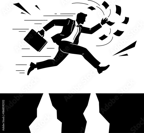 A businessman sprints away from financial turmoil with papers swirling around him , silhouette style
