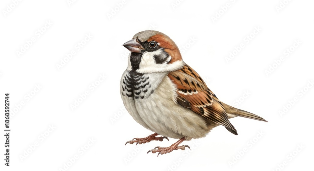 Fototapeta premium Detailed, life-like illustration of a small songbird on a plain white background