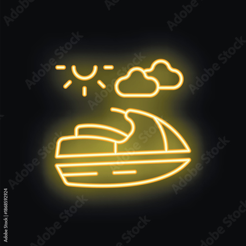 Yellow neon sign showing a jet ski with a sun and clouds in the background