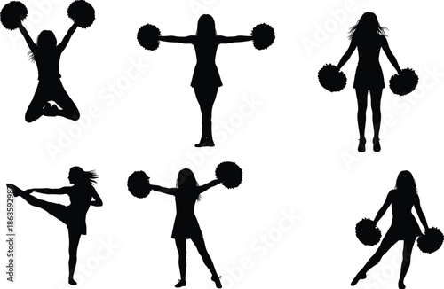 Cheerleader silhouette set with pom poms in jumping kicking and standing poses isolated on white background