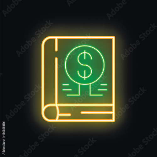Neon sign depicting a book with a dollar sign, representing financial literacy and the pursuit of wealth through education