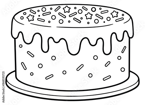 Hand drawn outline illustration of a cake depicting dripping icing and sprinkles for celebration and sweet treats