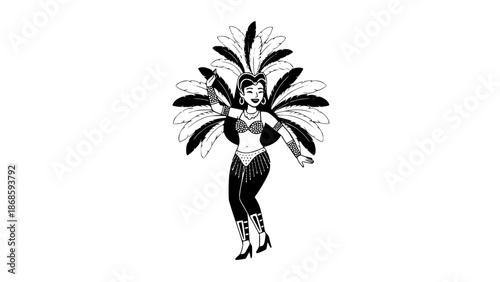 Woman dancing Brazilian Carnival, colorful costume with feathers and sequins, joyful expression, flat vector design, vibrant colors, simple shapes, clean illustration, isolated on light background