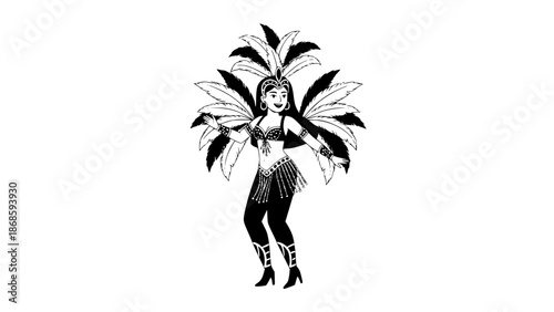 Woman dancing Brazilian Carnival, colorful costume with feathers and sequins, joyful expression, flat vector design, vibrant colors, simple shapes, clean illustration, isolated on light background
