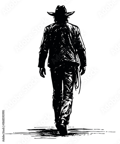 Hand drawn line art illustration of a cowboy depicting him walking away in silhouette for western themes