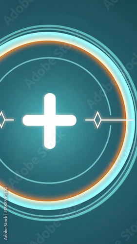 Dynamic technological interface with glowing circular cross and pulsating neon lights