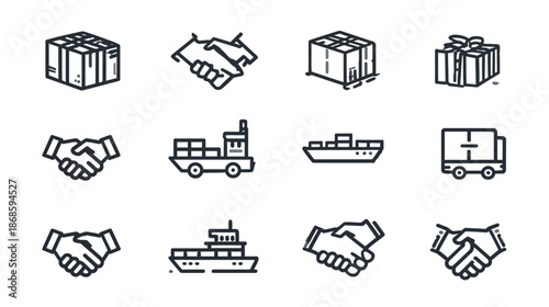 Logistics and Shipping Line Icon Set: Handshake, Delivery Trucks, Cargo Ships, and Package Icons for Global Business and Trade