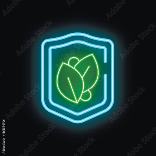 Neon shield protecting green leaves for an ecology, environment and organic products concept