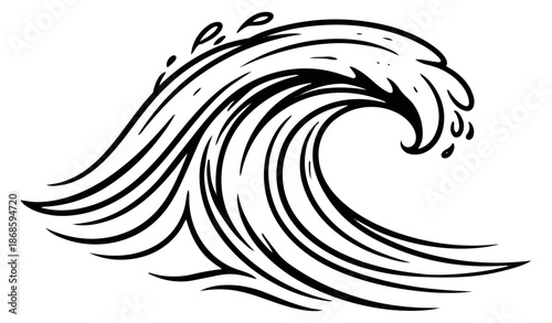 Hand drawn illustration of a powerful ocean wave depicting crashing water for summer designs