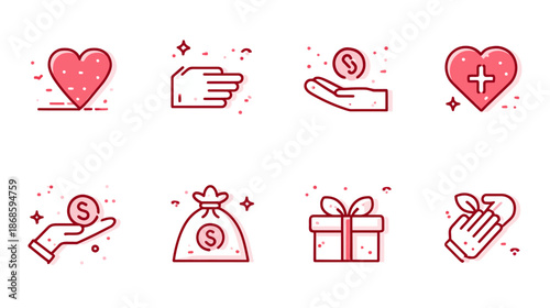 Charity and Donation Line Icons Set: Giving, Money, Heart, Gift, Care, and Health Concepts for Digital Projects