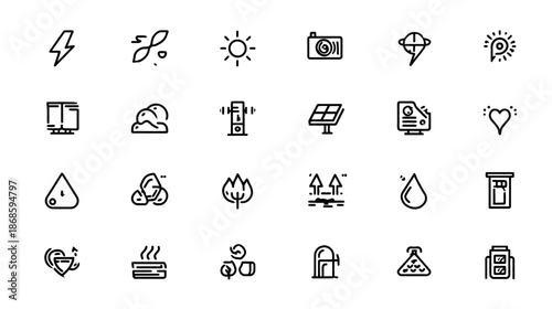 Nature, Environment, Energy, and Weather Line Icons Collection. Eco-friendly and Sustainable Green Technology Symbols for Web and Mobile.