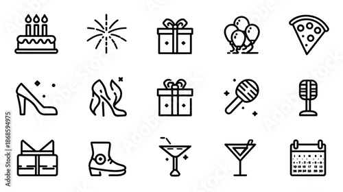 Celebration and Party Outline Icons Set - Vector graphics for events, birthdays, holidays, and festive occasions with gifts, food, drinks, and accessories.