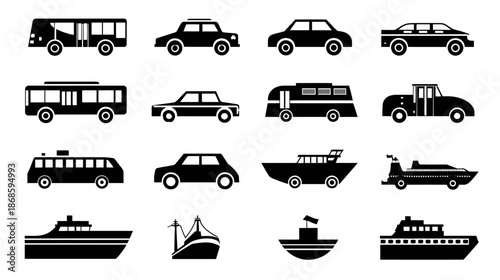 Vector set of black silhouette transportation icons. Includes various land vehicles like cars, buses, and trucks, along with boats and ships.