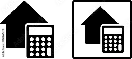 Simple black icons of a house with a calculator, ideal for finance and real estate concepts, conveying investment and property management.