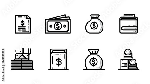 Finance and Money Line Art Icon Set. Business, Banking, Investment, Savings, and Budgeting Vector Symbols for Financial Concepts.