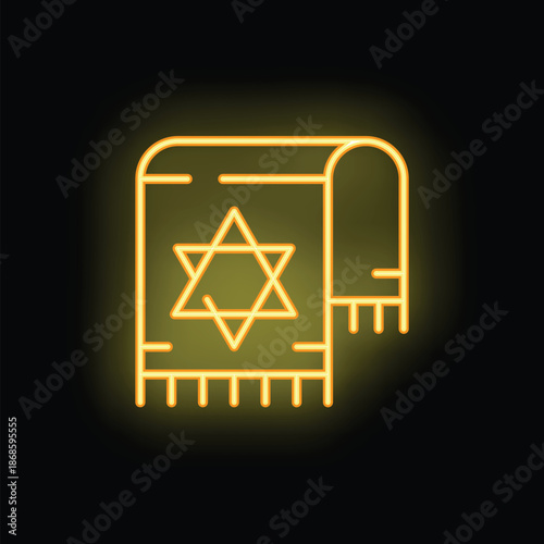 Neon yellow glowing icon of a tallit, a jewish prayer shawl with fringes and a star of david symbol