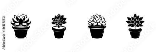Potted Succulent Plants In Hand Drawn Style Set. Indoor Gardening, Home Decor, Minimalist Plant Design Doodle Sketch Collection. Botanical Art. Isolated Vector Illustration