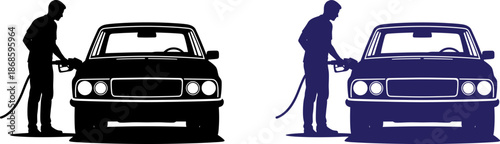 Silhouettes of men refueling cars in black and blue