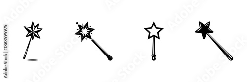 Magic Wand Icons In Hand Drawn Style Set. Fantasy, Enchantment, And Wizardry Doodle Sketch Collection. Magical Tools And Symbols. Isolated Vector Illustration