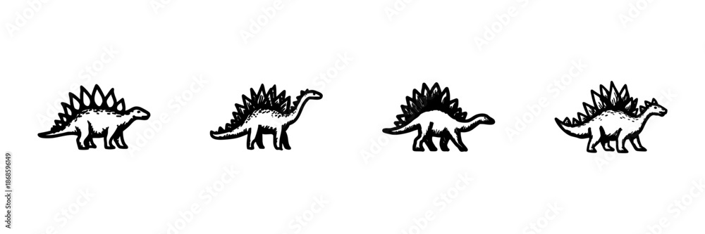 Fototapeta premium Stegosaurus Dinosaur Illustrations In Hand Drawn Style Set. Prehistoric Animal, Jurassic Era, Paleontology Doodle Sketch Collection. Vintage Fossil Representation. Isolated Vector Illustration