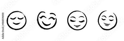 Smiling Faces With Closed Eyes In Hand Drawn Style Set. Calmness, Contentment, Relaxation, Peaceful Emotions Doodle Sketch Collection. Expressive Mood Icons. Isolated Vector Illustration