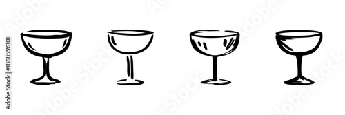 Four Wine Glasses In Hand Drawn Style Set. Elegant Drinkware, Celebration, And Dining Doodle Sketch Collection. Vintage Glassware Design. Isolated Vector Illustration