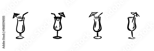 Cocktail Glasses With Umbrellas In Hand Drawn Style Set. Tropical Drink, Summer Refreshment, Beach Party Doodle Sketch Collection. Vacation Vibes. Isolated Vector Illustration