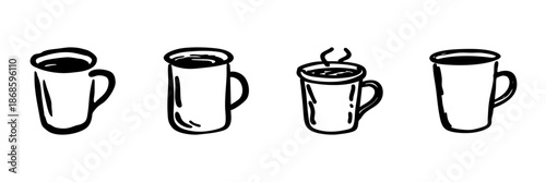 Four Coffee Mugs In Hand Drawn Style Set. Beverage Enjoyment, Morning Routine, Coffee Break Doodle Sketch Collection. Cozy And Relaxing Atmosphere. Isolated Vector Illustration