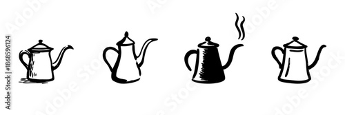 Vintage Coffee Pots In Hand Drawn Style Set. Retro Kitchenware, Brewing, And Beverage Preparation Doodle Sketch Collection. Classic Tea Kettles. Isolated Vector Illustration