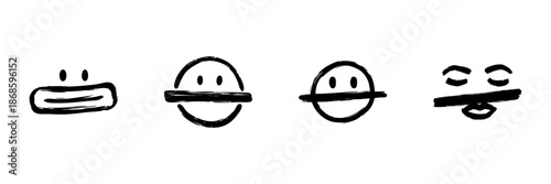 Minimalist Face Expressions In Hand Drawn Style Set. Simplistic Emotions, Communication, And Mood Representation Doodle Sketch Collection. Black And White Art. Isolated Vector Illustration