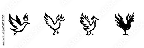 Birds With Flames In Hand Drawn Style Set. Symbol Of Rebirth, Transformation, And Renewal Doodle Sketch Collection. Mythical Phoenix Representation. Isolated Vector Illustration