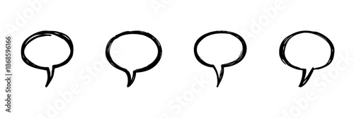 Four Speech Bubbles In Hand Drawn Style Set. Communication, Dialogue, Conversation Doodle Sketch Collection. Social Interaction Symbols. Isolated Vector Illustration