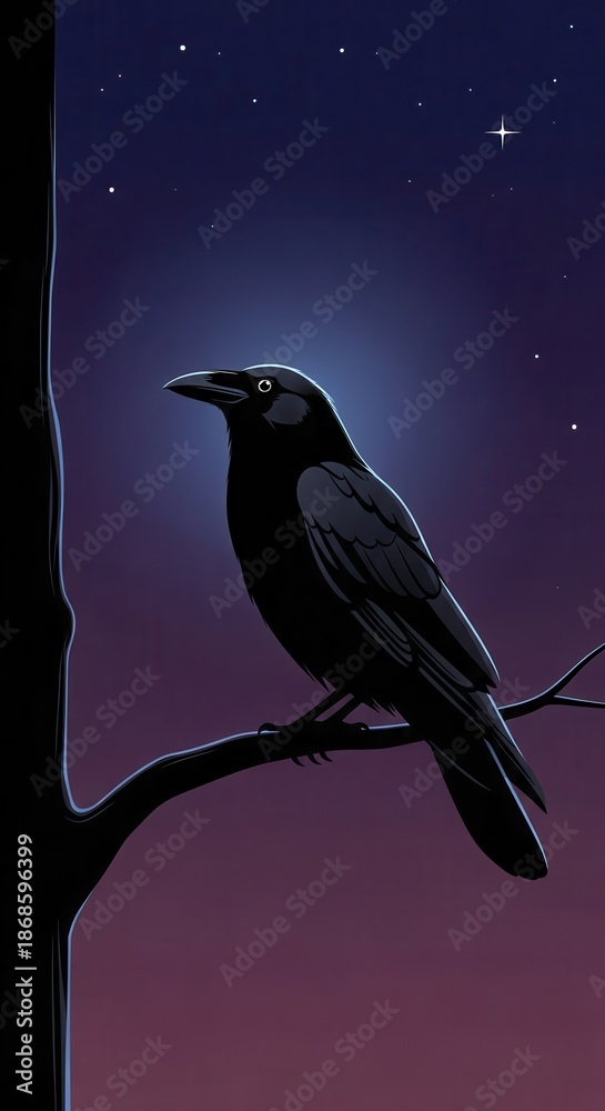 Obraz premium Silhouetted corvid perches upon a dark branch beneath a starry evening sky