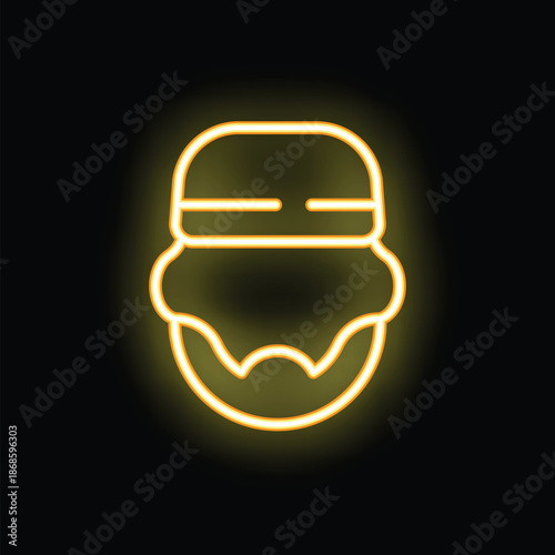Yellow neon sign representing the face of a soldier wearing a helmet, on black background