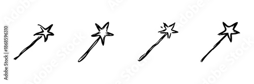 Magic Wand Icons In Hand Drawn Style Set. Fantasy, Enchantment, And Wizardry Doodle Sketch Collection. Magical Tools Illustration. Isolated Vector Illustration
