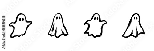 Ghost Icons In Hand Drawn Style Set. Halloween, Spooky, Paranormal Doodle Sketch Collection. Cute And Playful Ghosts. Isolated Vector Illustration
