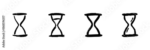 Hourglass Icons In Hand Drawn Style Set. Time Management, Deadline, And Countdown Doodle Sketch Collection. Vintage Timekeeping Symbols. Isolated Vector Illustration