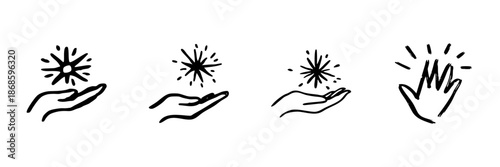 Hand Holding Sparkle Icons In Hand Drawn Style Set. Creativity, Inspiration, Magic, And Energy Doodle Sketch Collection. Conceptual Art. Isolated Vector Illustration