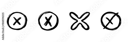Hand Drawn Cross Marks In Circle Icon Set. Error, Rejection, Incorrect Symbol Doodle Sketch Collection. Decision Making, Voting, And Selection. Isolated Vector Illustration
