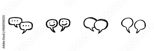 Speech Bubble Icons In Hand Drawn Style Set. Communication, Conversation, Social Interaction Doodle Sketch Collection. Messaging And Dialogue Symbols. Isolated Vector Illustration