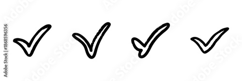 Four Check Marks In Hand Drawn Style Set. Task Completion, Approval, Success Indication Doodle Sketch Collection. Symbol Of Agreement. Isolated Vector Illustration