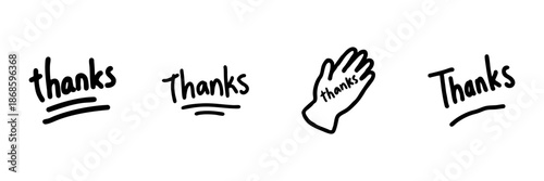 Handwritten Thanks Text And Hand Icon In Hand Drawn Style Set. Gratitude Expression, Appreciation Gesture Doodle Sketch Collection. Thank You Note Design. Isolated Vector Illustration