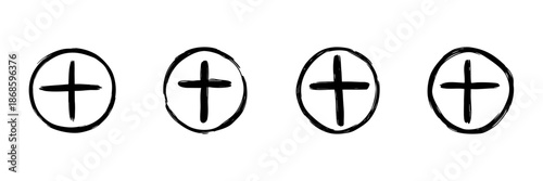 Four Plus Signs In Circles In Hand Drawn Style Set. Addition, Positive Symbol, Mathematical Concept Doodle Sketch Collection. Educational And Mathematical Illustration. Isolated Vector Illustration